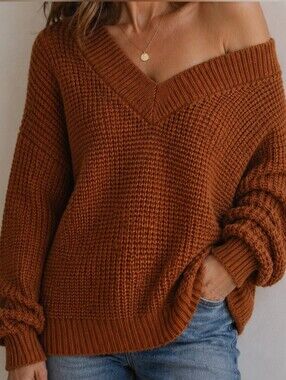 Zenana Outfitters Off-Shoulder V-Neck Chunky Knit Sweater - Rust